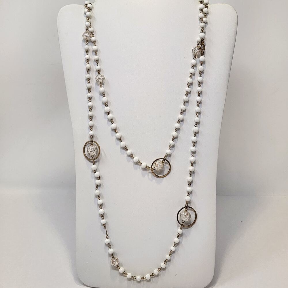 White Transparent Glass Bead Long Station Necklace Vintage Cosmic Retro Layer